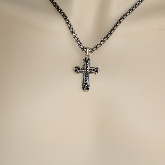 David Yurman Sterling Silver Black Diamond Cross Chain Necklace - Picture 4 of 13